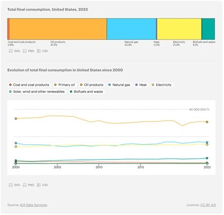 US final energy consumption 2023 by source: oil products 47.2%, natural gas 23.9%, electricity 21.4%, biofuels and waste 6.1%, coal 0.8%. Source: IEA.