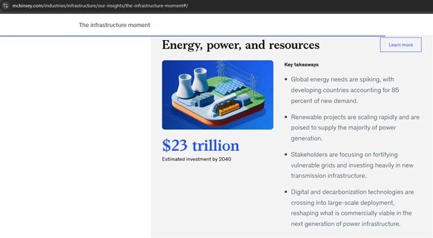 McKinsey summary on energy, power and resources: $23 trillion estimated investment by 2040, with developing countries accounting for 85 percent of new demand.