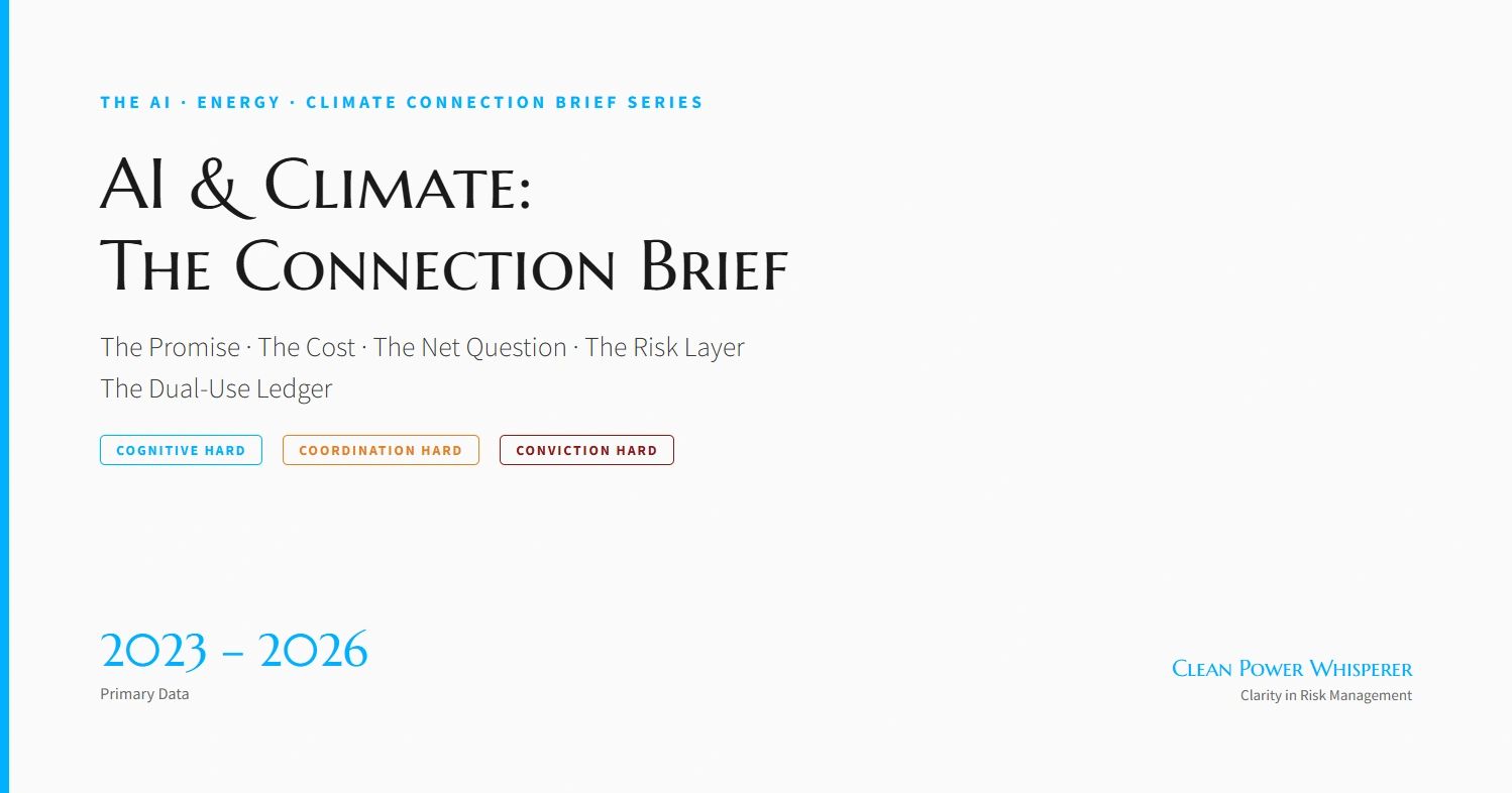 Cover of AI & Climate: The Connection Brief - the promise, the cost and the dual-use ledger, drawn from 2023-2026 primary data.