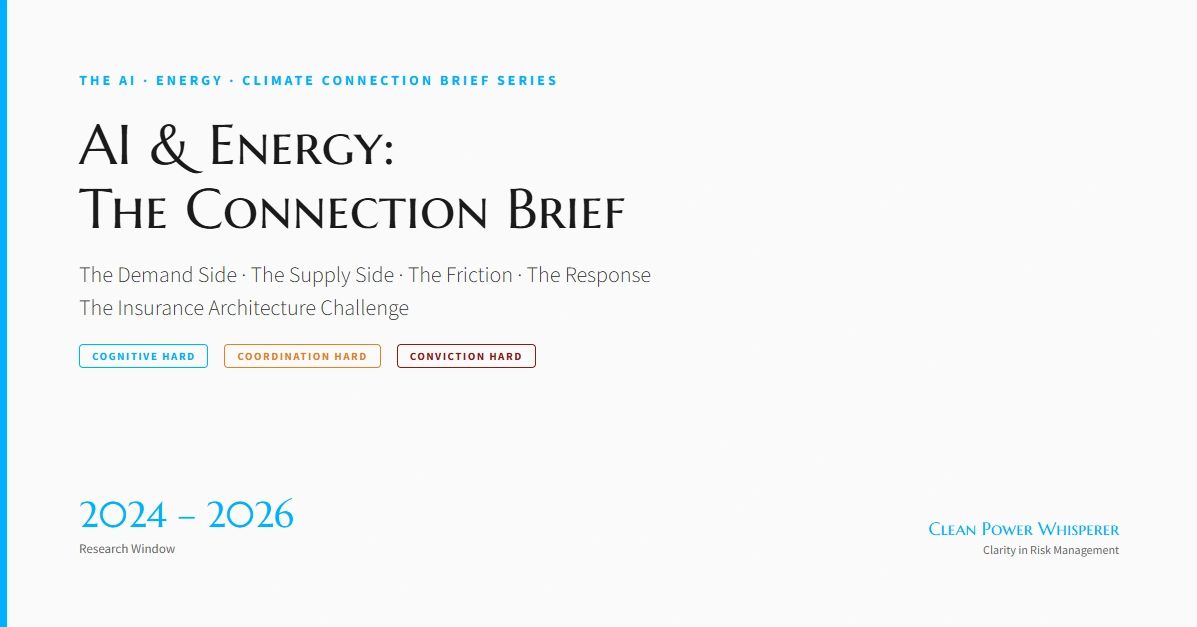 Cover of AI & Energy: The Connection Brief - the demand side, the supply side and the insurance architecture challenge, drawn from a 2024-2026 research window.