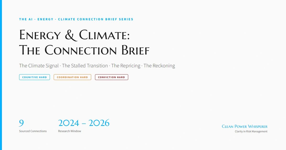Cover of Energy & Climate: The Connection Brief - the climate signal and the stalled transition, nine sourced connections across a 2024-2026 research window.